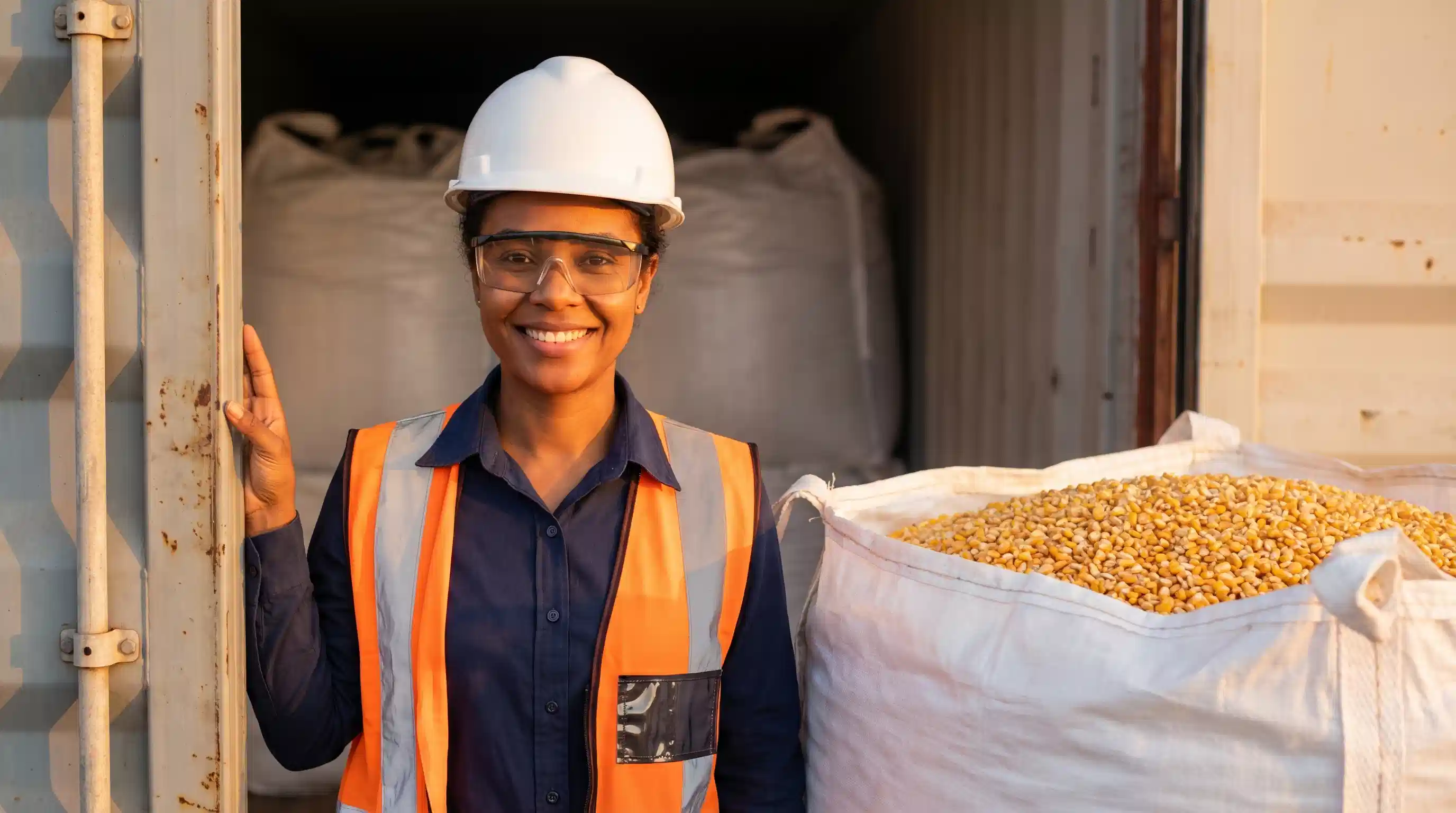 Sacos grandes de matéria-prima (farinha, grãos) sendo carregados em baú de carreta. Galpão industrial ao fundo.