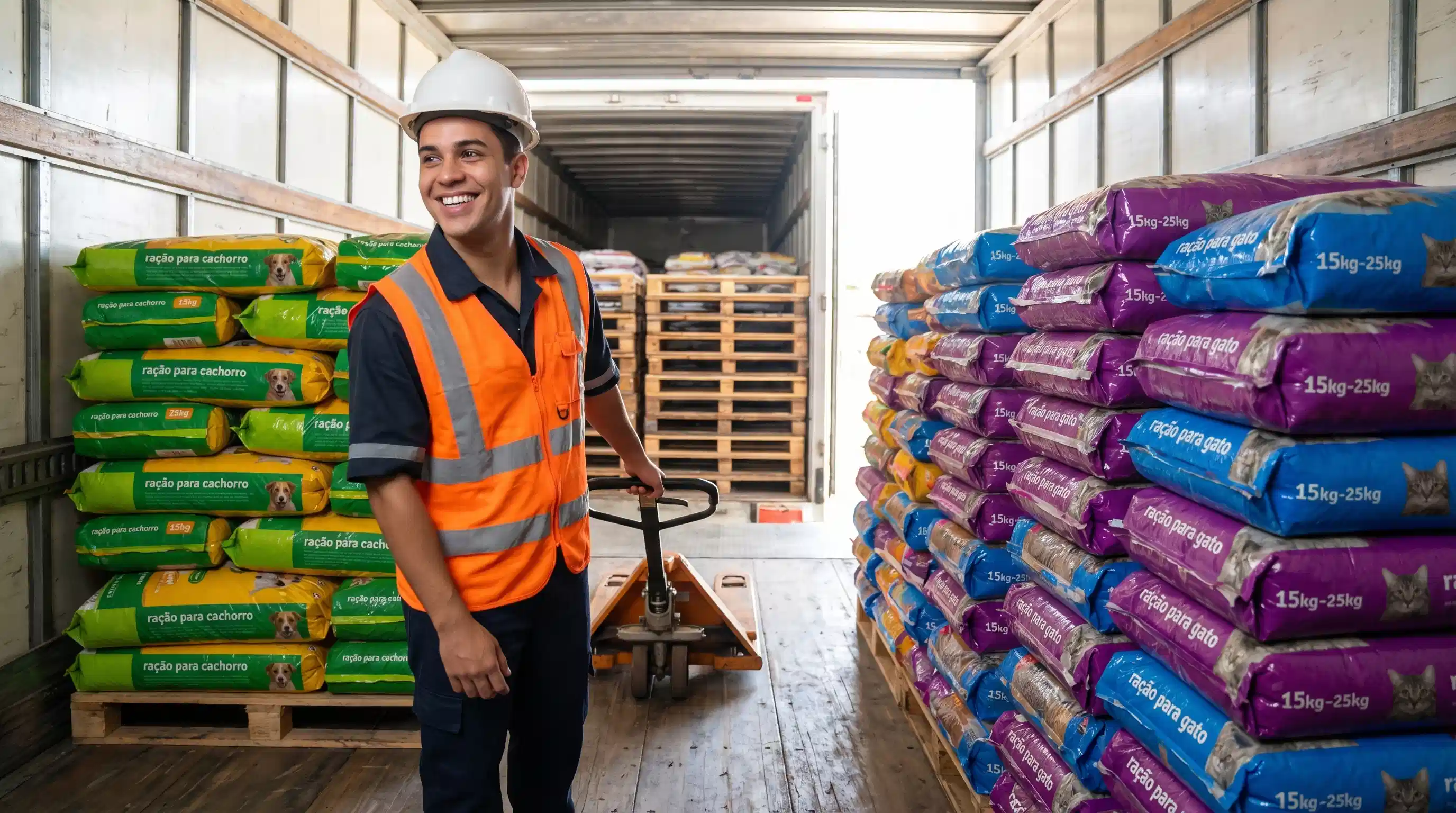 Pallets de caixas/sacos de ração embalados dentro de carreta. Descarga em CD com empilhadeira.